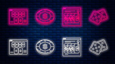 Dolar sembollü çizgi kumarhane çipi, Online slot makinesi, Online poker masası oyunu ve oyun zarları. Tuğla duvarda parlayan neon simgesi. Vektör
