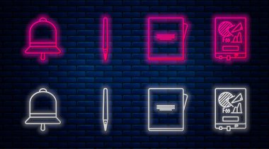 Çizgi, kalem, defter, çizelge çizelgesi ile zil ve tahtayı ayarla. Tuğla duvarda parlayan neon simgesi. Vektör