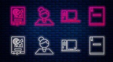 Satır Öğretmeni, Klavye ve fare ile bilgisayar monitörü, Grafik çizelgesi ve Not Defteri ile tahta ayarla. Tuğla duvarda parlayan neon simgesi. Vektör