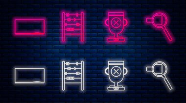 Sıra abaküs, ödül kupası, tebeşir tahtası ve büyüteç. Tuğla duvarda parlayan neon simgesi. Vektör