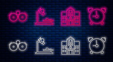 Mikroskop hattı, okul binası, alarm zili ve alarm saati. Tuğla duvarda parlayan neon simgesi. Vektör