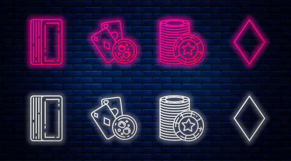 Set line Playing cards and glass of whiskey with ice cubes, Casino chips, Deck of playing cards and Playing card with diamonds symbol. Glowing neon icon on brick wall. Vector — Stock Vector