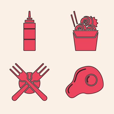 Çırpılmış yumurta, sos şişesi, karton kutuda Asya eriştesi, çubuklar ve çapraz çatal simgesi. Vektör