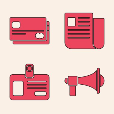 Megaphone, Kredi kartı, Dosya belgesi ve kimlik kartı simgesini ayarla. Vektör