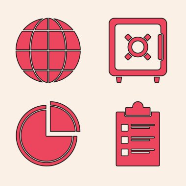 Panoyu kontrol listesi, Dünya küresi, Güvenli ve Pasta grafiksel simgesi ile ayarla. Vektör