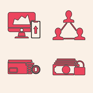 Money with lock, Financial chart veya grafik bilgisayar monitörü ve cep telefonu, Project team base ve Bright stadyum ışıkları ikonu üzerinde ayarlayın. Vektör