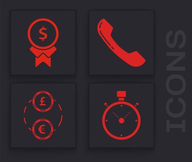 Stopwatch, iyi iş için ödül, telefon ahizesi ve Amerikan futbol topu ve kask ikonu. Vektör