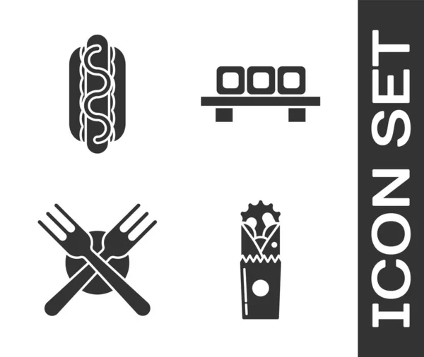 Állítsa Doner kebab, Hotdog szendvics mustárral, Crossed Villa és Sushi vágódeszka ikonra. Vektor — Stock Vector