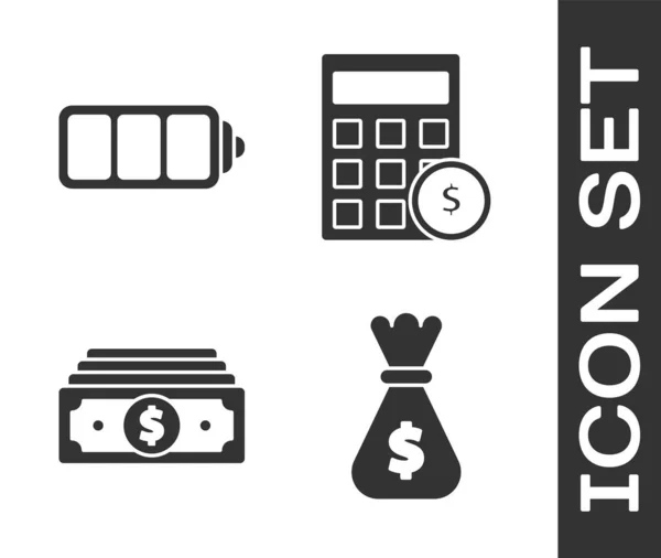 Állítsa Pénzeszsák, Akkumulátor töltési szint indikátor, Stacks papírpénzt készpénz és kalkulátor dollár szimbólum. Vektor — Stock Vector