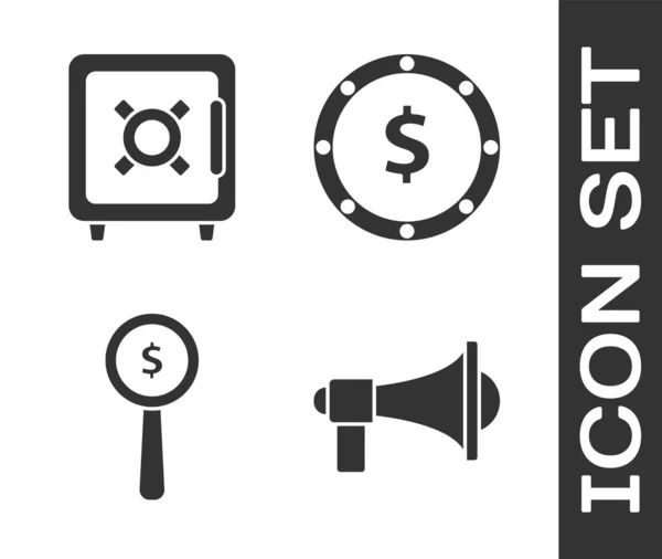 Set Megafoon, kluis, vergrootglas en dollar symbool en munt geld met dollar symbool pictogram. Vector — Stockvector