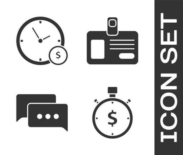 Set Time is geld, Tijd is geld, Speech bubble chat en Identificatie badge pictogram. Vector — Stockvector