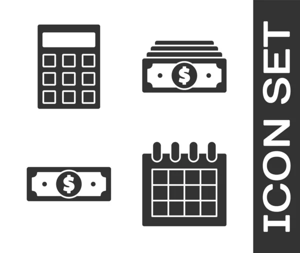 Definir Calendário, Calculadora, Empilha dinheiro em papel e Empilha ícone de dinheiro em papel. Vetor —  Vetores de Stock