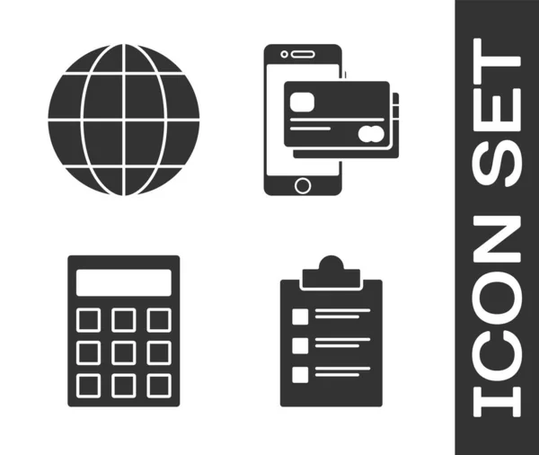 Establecer portapapeles con lista de verificación, globo terráqueo, calculadora y teléfono móvil y tarjeta de crédito icono. Vector — Vector de stock