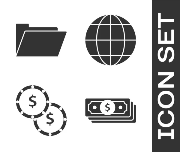 Stapels papier geld cash, Document map, muntgeld met dollarsymbool en aarde bol pictogram. Vector — Stockvector