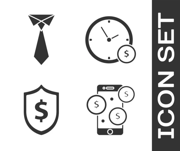 Set Smartphone avec symbole dollar, Cravate, Bouclier avec symbole dollar et le temps est l'icône de l'argent. Vecteur — Image vectorielle