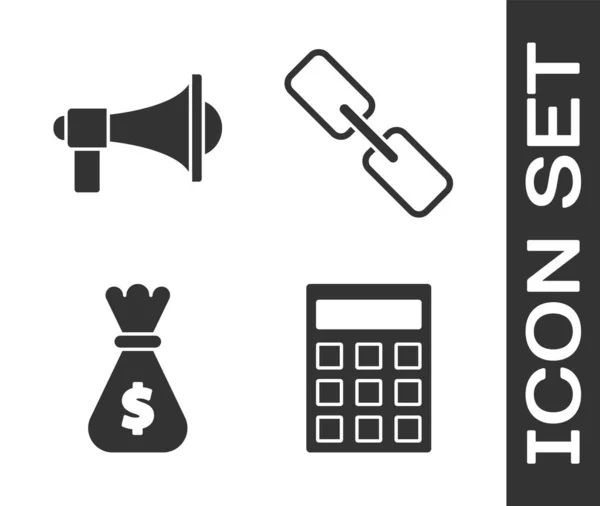Ustaw Kalkulator, Megafon, Pieniądze torba i łańcuch link ikona. Wektor — Wektor stockowy