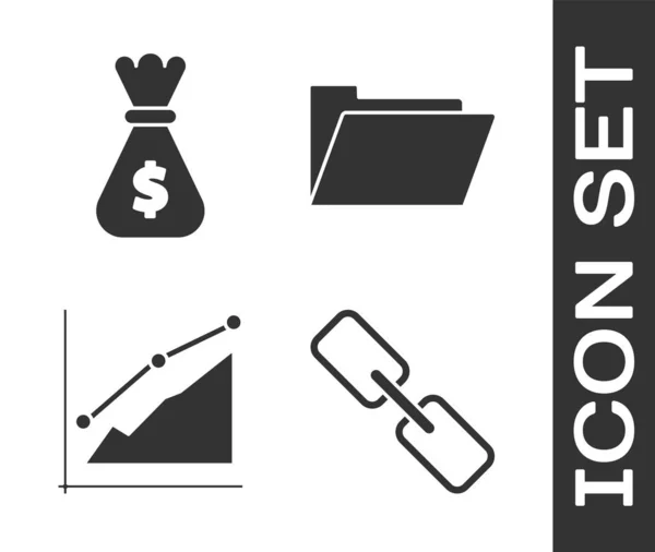 Establecer enlace de cadena, bolsa de dinero, infografía gráfico de pastel y el icono de la carpeta de documentos. Vector — Vector de stock