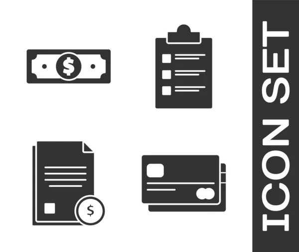 Állítsa be a hitelkártya, Stacks papírpénzt készpénz, Pénzügyi dokumentum és vágólap ellenőrzőlista ikon. Vektor — Stock Vector