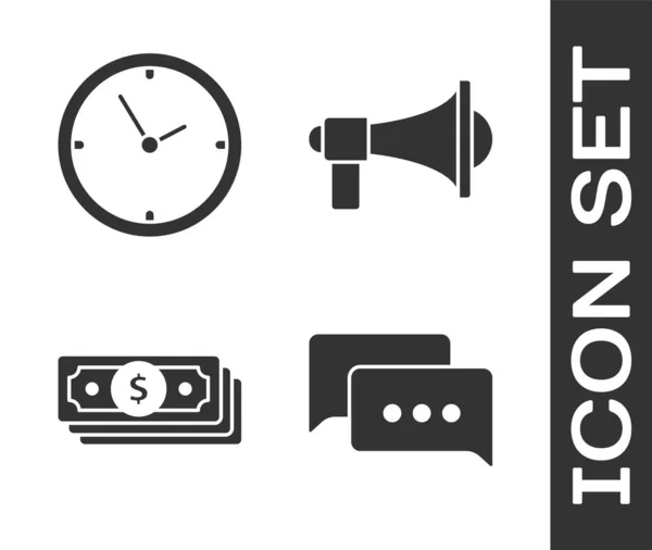 Sprechblasenchat, Uhr, Papiergeld-Stapel und Megafon-Symbol. Vektor — Stockvektor