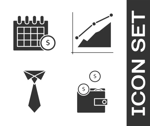 Set Portafoglio con monete, calendario finanziario, cravatta e grafico a torta infografica icona. Vettore — Vettoriale Stock