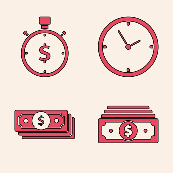 Set Stacks paper money cash, Time is money, Clock and Stacks paper money cash icon. Vector — Stock Vector