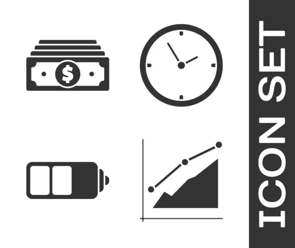 Zestaw Pie chart infografiki, stosy papierowe pieniądze gotówki, Wskaźnik poziomu naładowania baterii i ikona Zegar. Wektor — Wektor stockowy