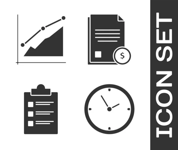 Definir relógio, gráfico de pizza infográfico, área de transferência com checklist e ícone de documento de finanças. Vetor — Vetor de Stock