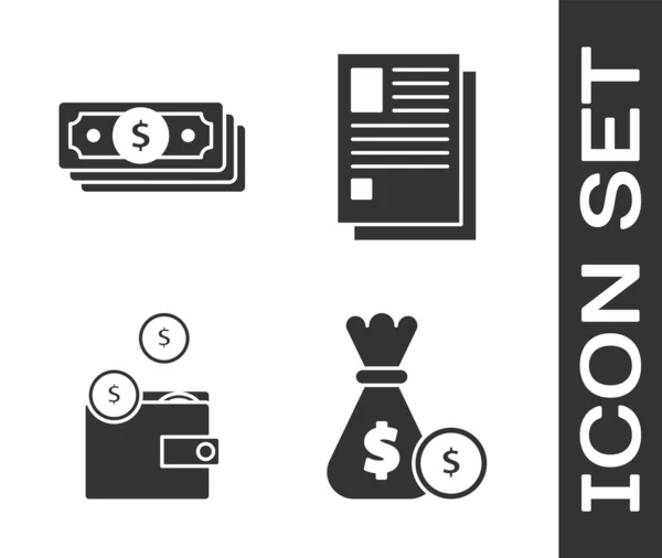 Definir saco de dinheiro e moeda, Empilha dinheiro em papel, Carteira com moedas e ícone de documento de arquivo. Vetor — Vetor de Stock