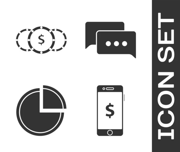 Establecer Smartphone con símbolo de dólar, Moneda de dinero con símbolo de dólar, infografía gráfico de pastel y el habla icono de chat burbuja. Vector — Vector de stock