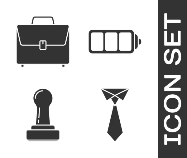 Establecer lazo, maletín, sello y el icono del indicador de nivel de carga de la batería. Vector — Vector de stock