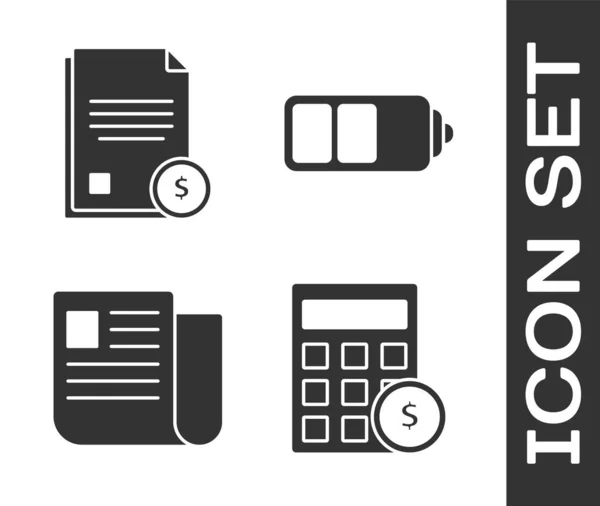 Définir la calculatrice avec symbole dollar, document financier, document de fichier et indicateur de niveau de charge de batterie icône. Vecteur — Image vectorielle