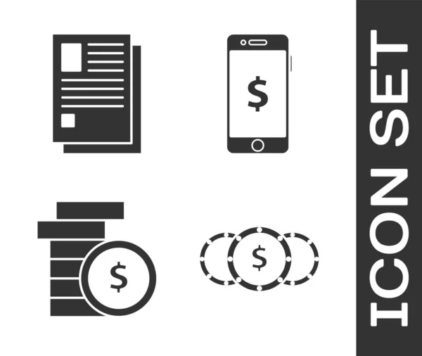 Set muntgeld met dollarsymbool, Bestand document, Muntgeld met dollarsymbool en Smartphone met dollarsymbool pictogram. Vector — Stockvector