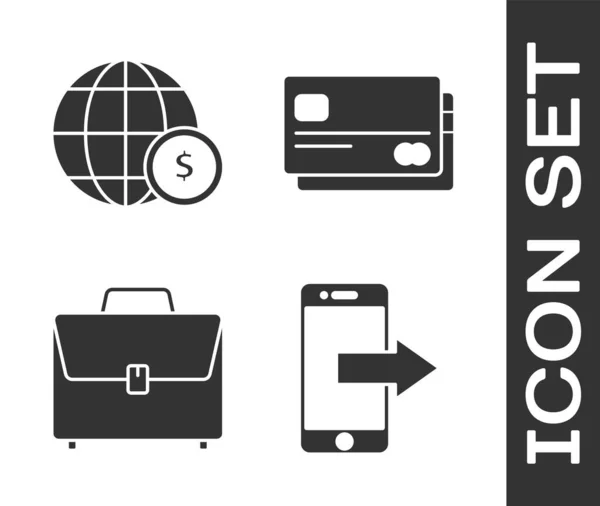 Definir Smartphone, telefone celular, globo terrestre com símbolo de dólar, Briefcase e ícone de cartão de crédito. Vetor — Vetor de Stock