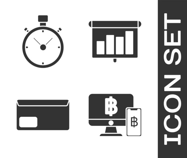 Definir monitor de computador com telefone celular e bitcoin, cronômetro, envelope e quadro financeiro de apresentação com gráfico, cronograma, gráfico, diagrama, infográfico, ícone gráfico de torta. Vetor — Vetor de Stock