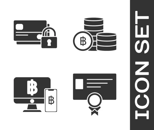 Set Certificaat sjabloon, Creditcard met slot, Computer monitor met mobiele telefoon en Bitcoin en Cryptogeld munt Bitcoin icoon. Vector — Stockvector