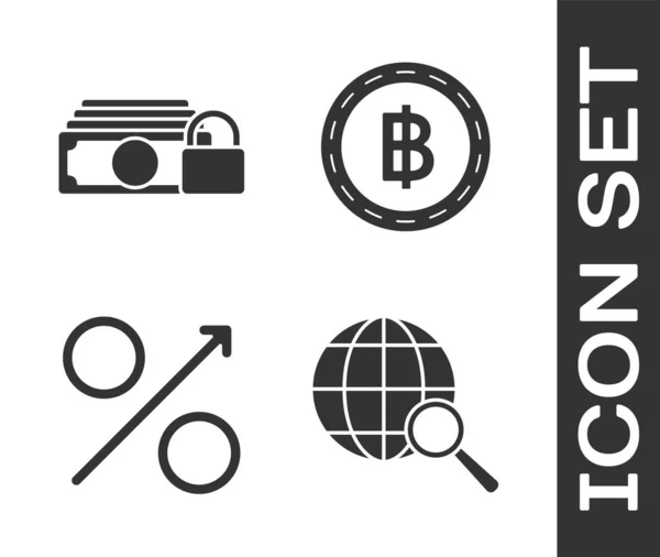 Definir lupa com globo, Dinheiro com bloqueio, Percentagem seta para cima e Criptomoeda ícone moeda Bitcoin. Vetor — Vetor de Stock