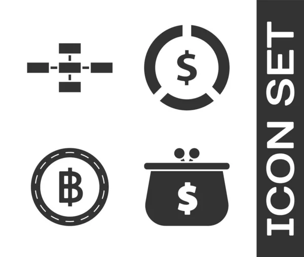 Set Portemonnee met dollarsymbool, Business hiërarchie organogram grafiek infographics, Cryptogeld munt munt Bitcoin en munt geld met dollar symbool pictogram. Vector — Stockvector