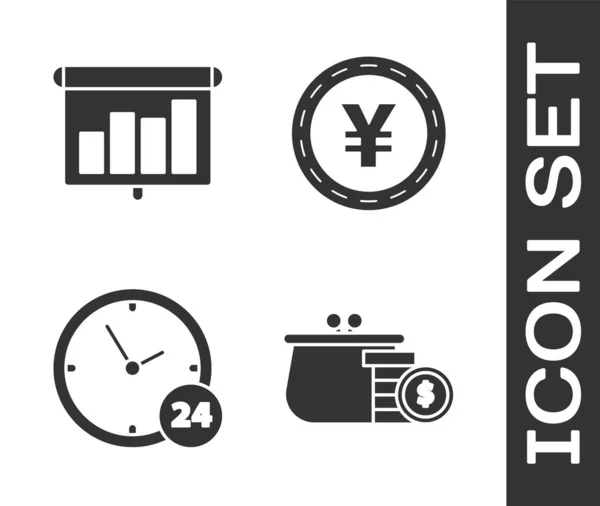 Set Peněženka s mincemi, Prezentace finanční deska s grafem, harmonogram, graf, diagram, infografiku, koláč graf, Hodiny 24 hodin a mince peníze s ikonou Yen symbol. Vektor — Stockový vektor