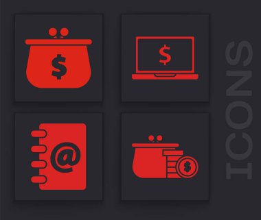 Cüzdanı bozuk para, cüzdanı dolar sembolü, dizüstü bilgisayarı dolar sembolü ve adres defteri simgesi ile ayarla. Vektör