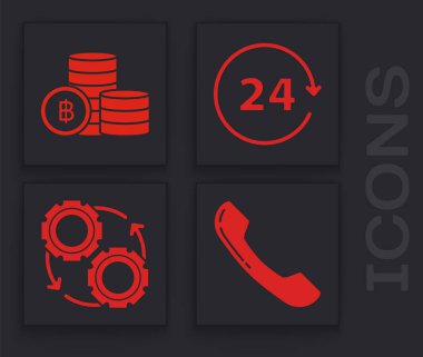 Telefon ahizesi, Kripto para birimi Bitcoin, Amerikan futbolu televizyon programı ve Gear ve okları iş akışı süreci konsepti simgesi olarak ayarla. Vektör