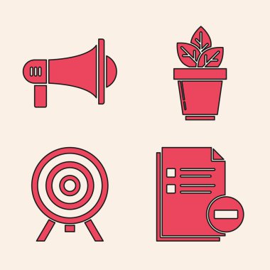 Belgeyi eksi, megafon, saksıda çiçekler ve hedef simgesiyle ayarla. Vektör