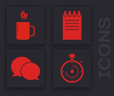 Çanta, bir fincan çay ve yaprak, Not Defteri ve Konuşma balonu sohbet simgesi. Vektör