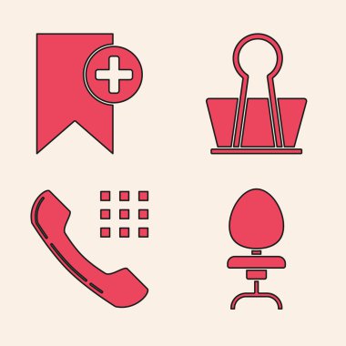 Ofis koltuğu, Yer imi, Binder klipsi ve Telefon ahizesi simgesini ayarla. Vektör