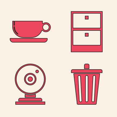 Çöp tenekesi, kahve fincanı dairesi, arşiv kâğıtları çekmecesi ve web kamera simgesi. Vektör