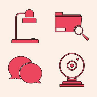 Web kamerasını, masa lambasını, dizin ve konuşma balonu sohbet simgesiyle arama konseptini ayarla. Vektör