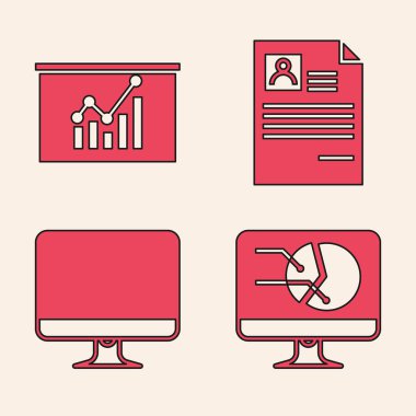 Bilgisayar monitörünü grafik grafiği, tahtayı grafik grafiği, özgeçmişi ve bilgisayar ekranı simgesi ile ayarla. Vektör