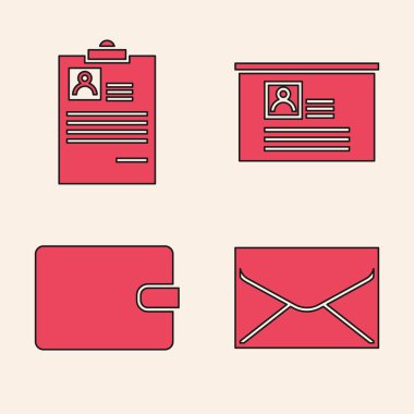 Zarfı, özgeçmişi olan panoyu, özgeçmişi olan tahtayı ve cüzdan simgesini ayarla. Vektör