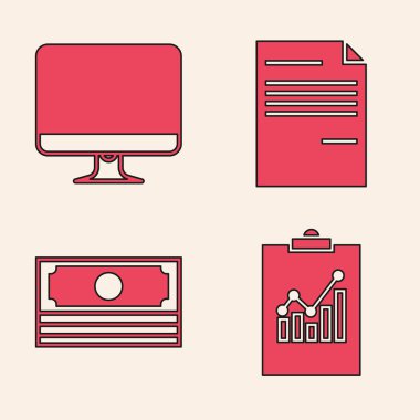 Grafik grafiği, Bilgisayar monitörü, Belge ve Yığınlar kağıt para para ikonu ile panoyu ayarla. Vektör