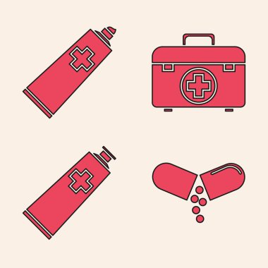 İlaç hapı ya da tablet, krem tüpü ilacı, ilk yardım çantası ve merhem kremi ikonu hazırla. Vektör