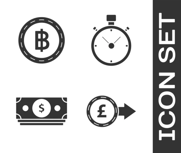 Definir dinheiro da moeda com símbolo libra esterlina, moeda criptomoeda Bitcoin, empilha dinheiro de papel em dinheiro e ícone Stopwatch. Vetor — Vetor de Stock